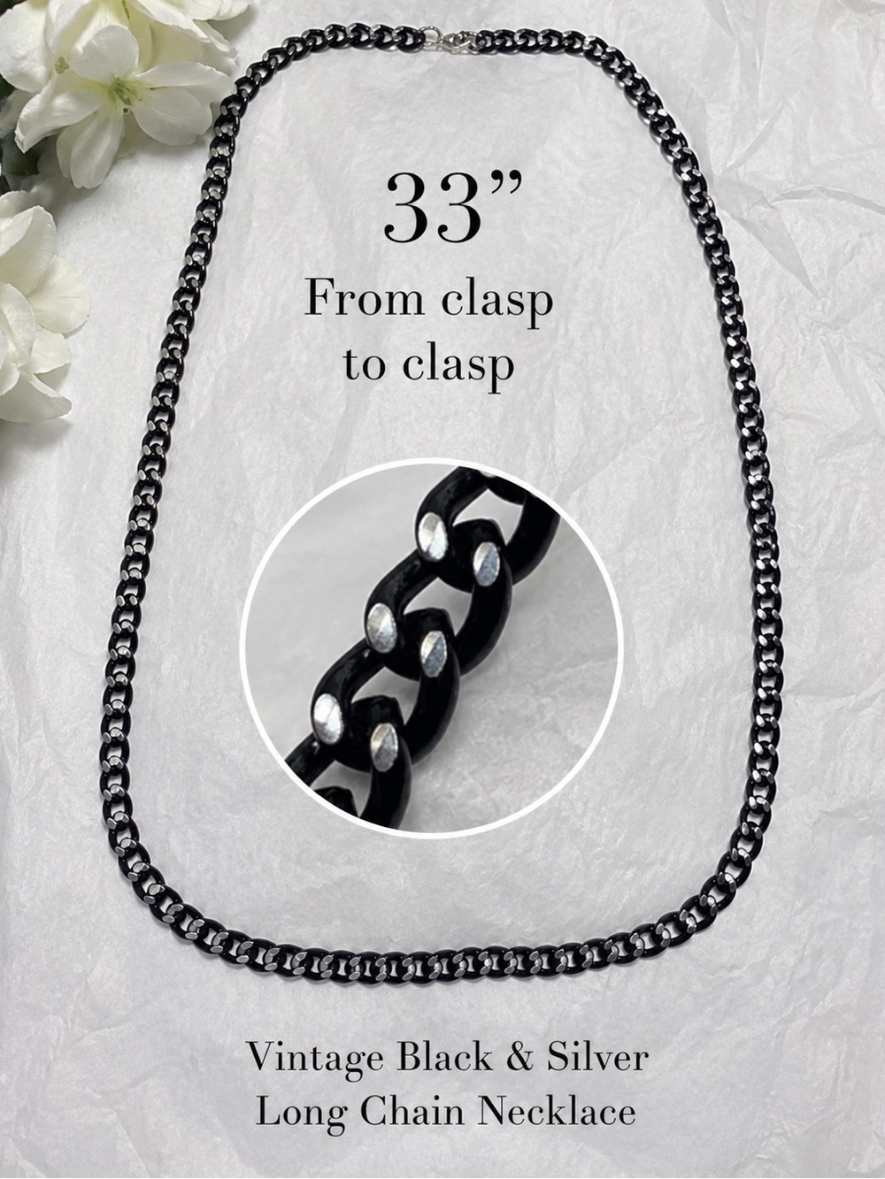 Vintage Black & Silver Tone Long Chain Necklace Single Strand Statement Necklace